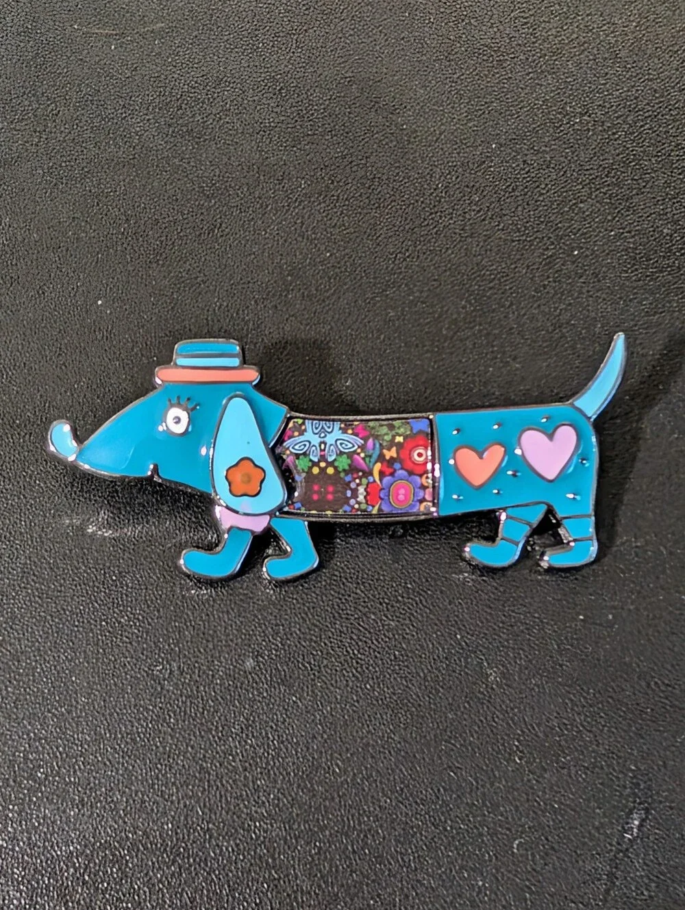 Blue Dachshund Enamel Pin - Colorful Heart & Floral Design